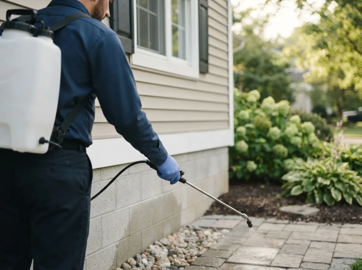Pest control technician inspecting a home in Java Village, NY